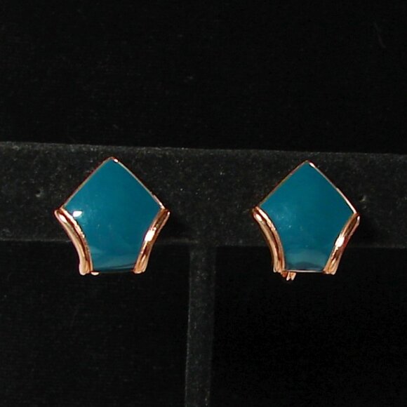 Vtg 80's JS Clip-On EARRINGS, Gold Tone w/Dark Teal Enamel F77 - Picture 1 of 6